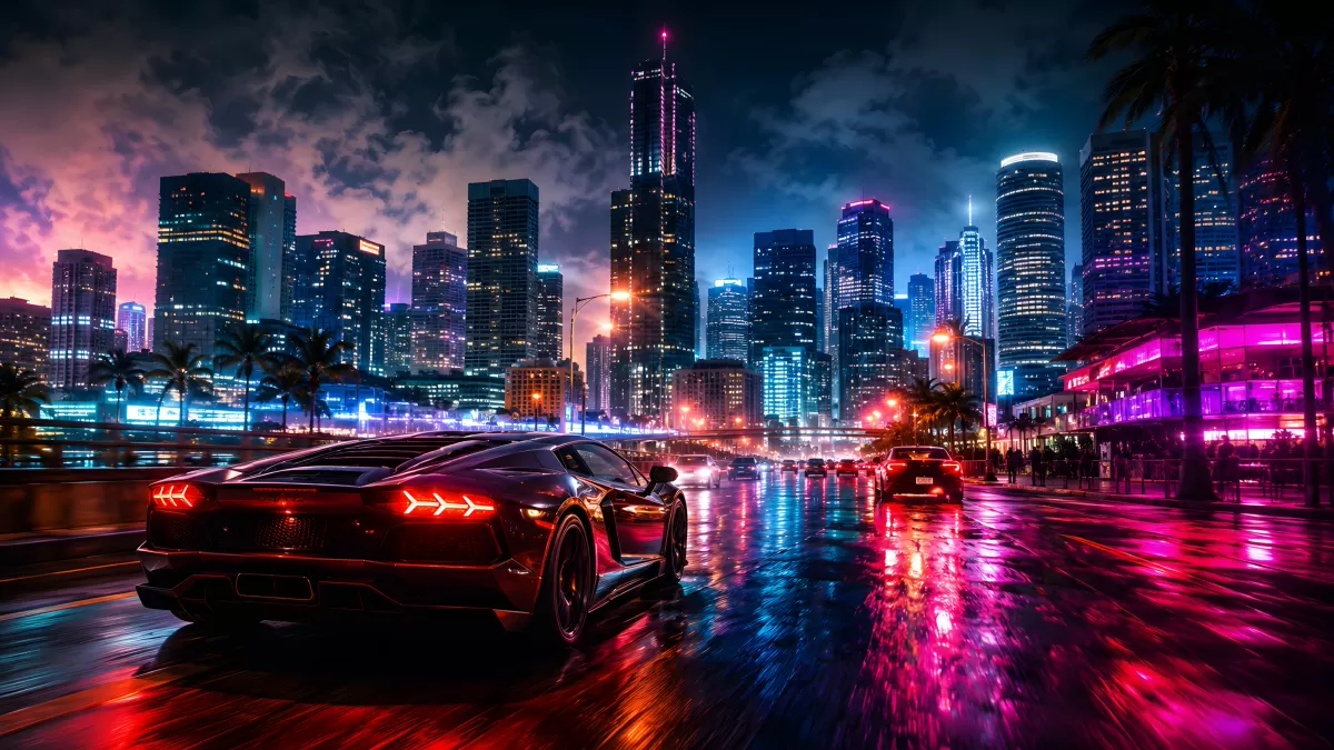 Lamborghini nachts in glänzender Metropole im Regen