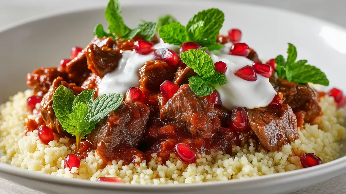 Lamm Ragout mit Bulgur und Minze auf weißem Teller