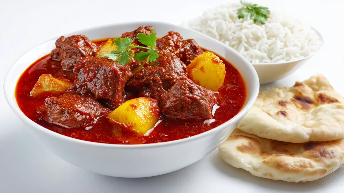 Lamm Vindaloo mit Naan-Brot und Basmatireis