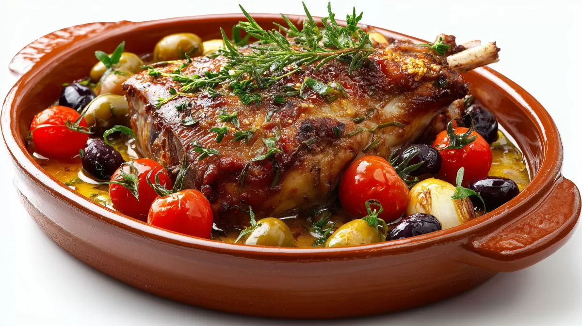 Lammkeule mediterran aus dem Backofen im Tontopf