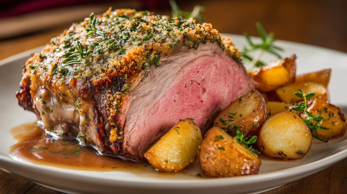 Lammkeule mit Kräuterkruste und Bratkartoffeln