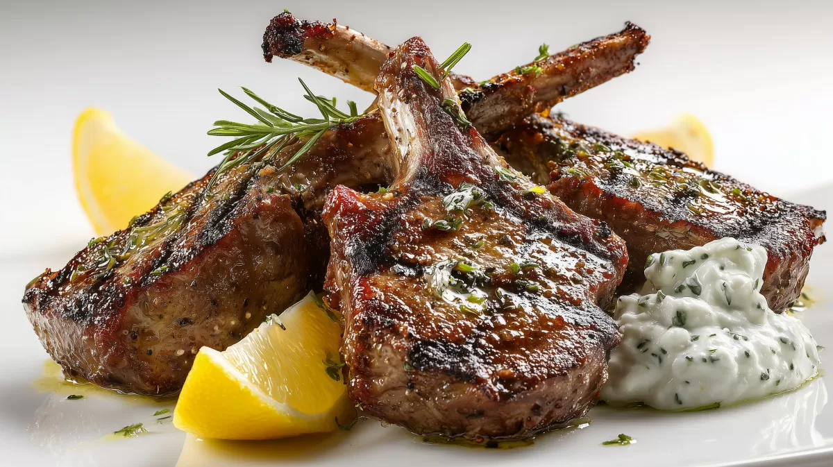 Lammkoteletts griechische Art mit Tzatziki und Zitrone