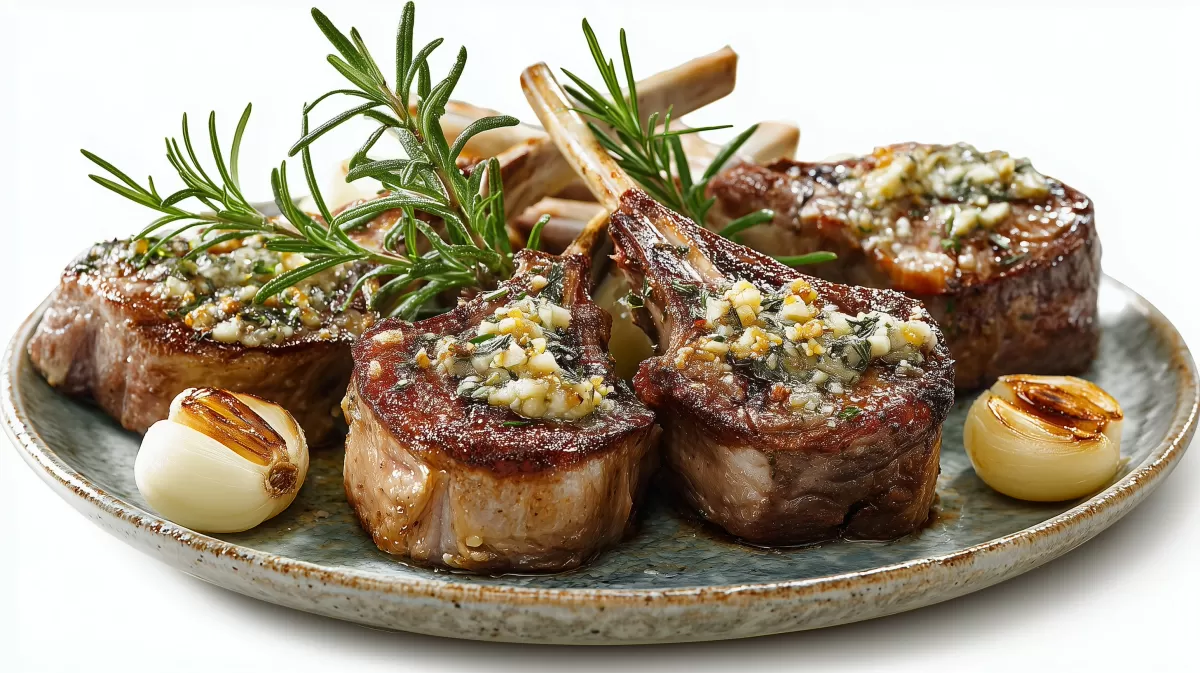 Lammkoteletts mit Knoblauch und Rosmarin auf Teller