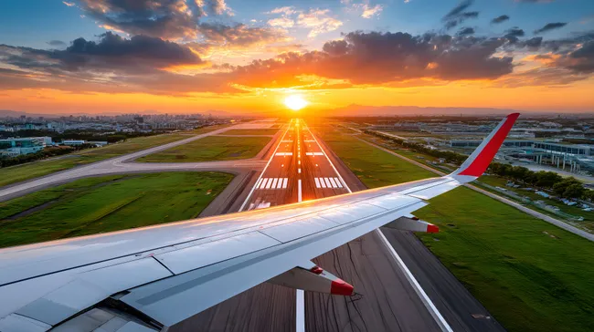 Landebahn bei Sonnenaufgang mit Flugzeugelügel