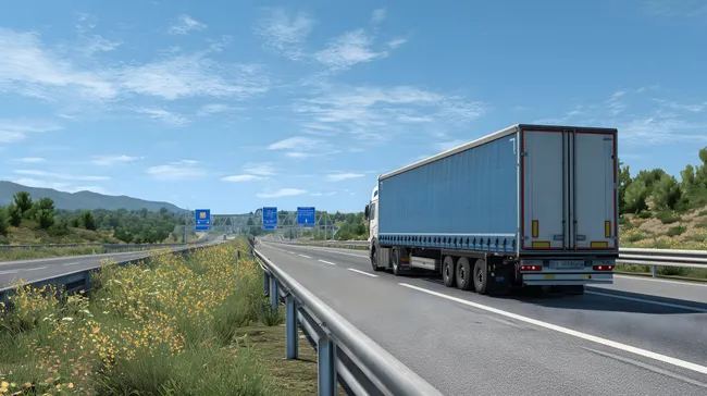 Landstraße durch bergige Landschaft mit Lastwagen