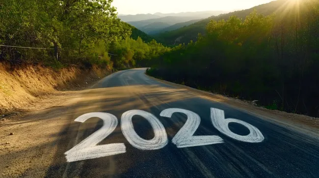 Landstraße durch grüne Berglandschaft mit Datum 2026