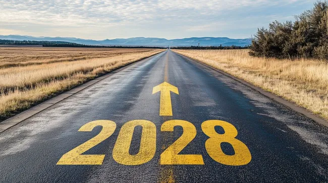 Landstraße in der Natur mit Hoffnungsschild für 2028