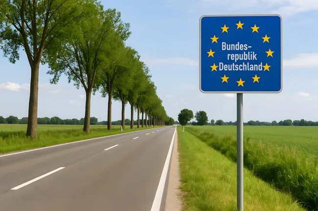 Landstraße mit EU-Grenzschild in Deutschland