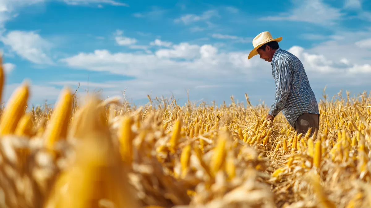 Landwirt erforscht reife Getreidefelder unter blauem Himmel