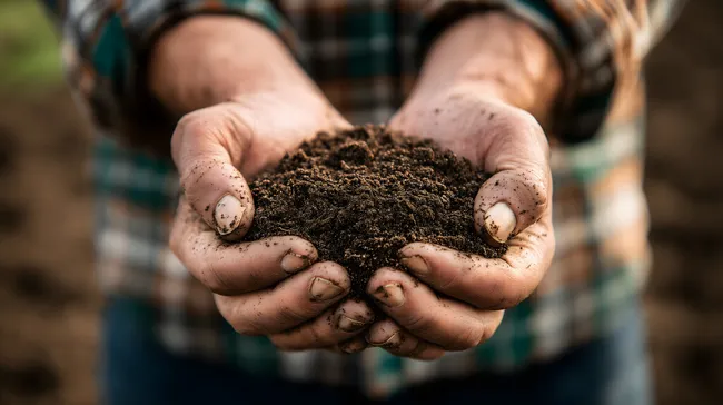 Landwirt hält fruchtbare Erde in Händen