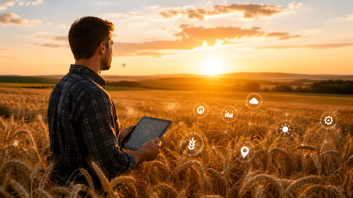 Landwirt mit Tablet im Weizenfeld bei Sonnenuntergang