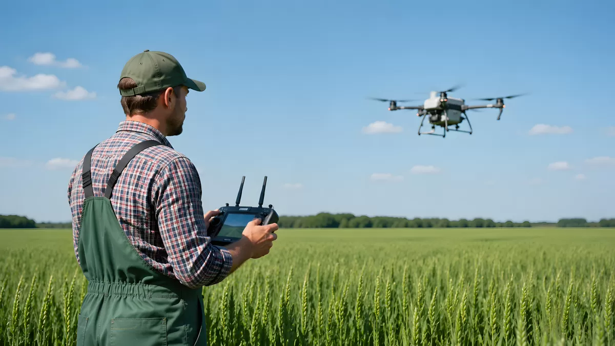 Landwirt steuert Drohne über grünem Getreidefeld