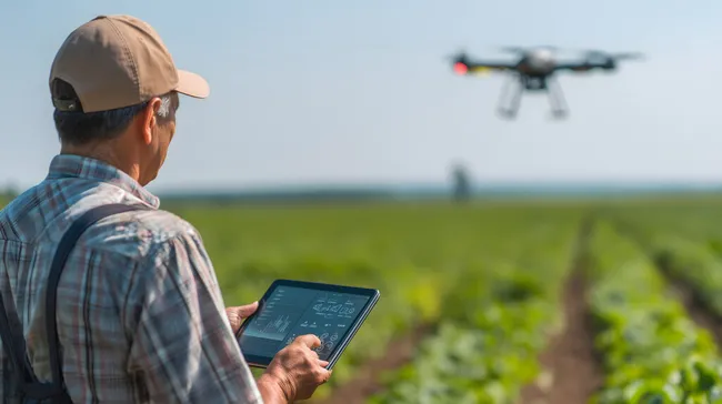 Landwirt überwacht Drohne über Agrarfeld