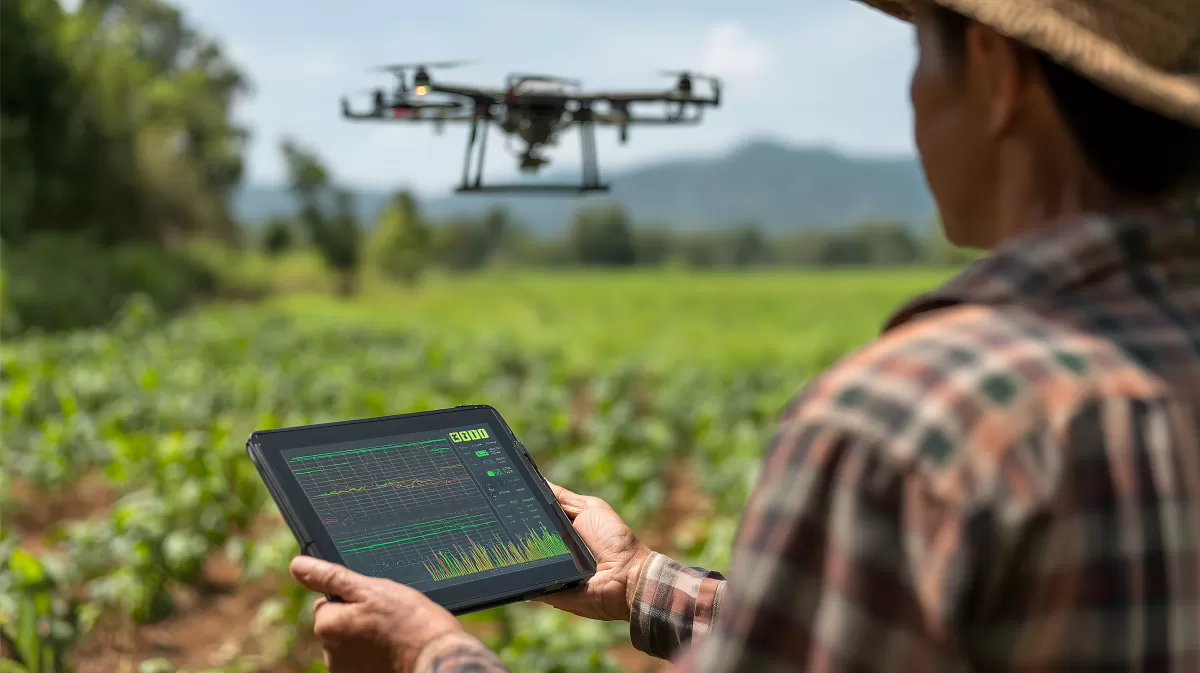 Landwirt überwacht Felder mit Drohne und Datentablet