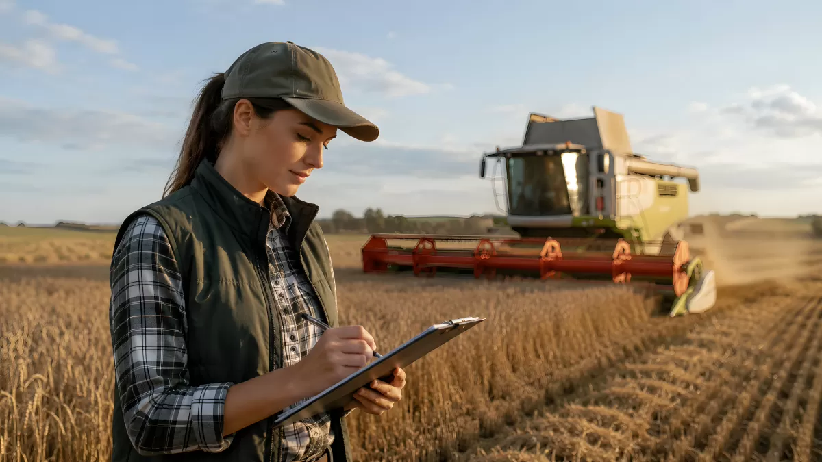 Landwirtin kontrolliert Getreideernte mit Klemmbrett