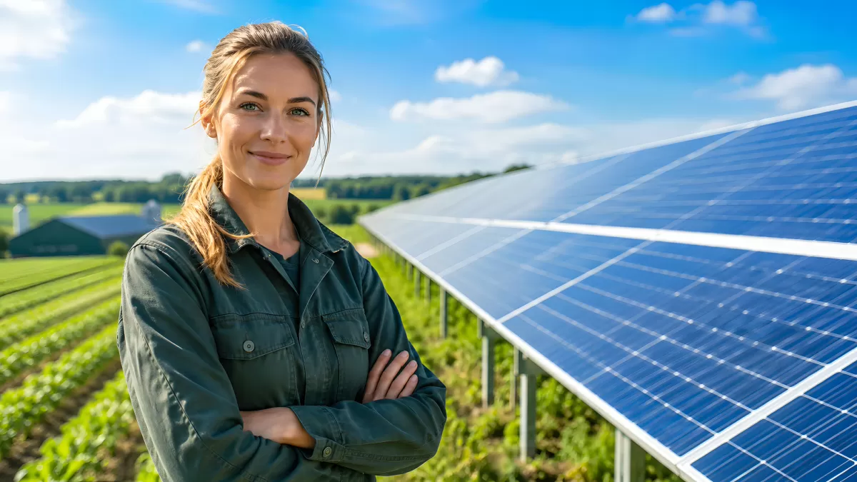 Landwirtin neben Solaranlage auf grünem Feld