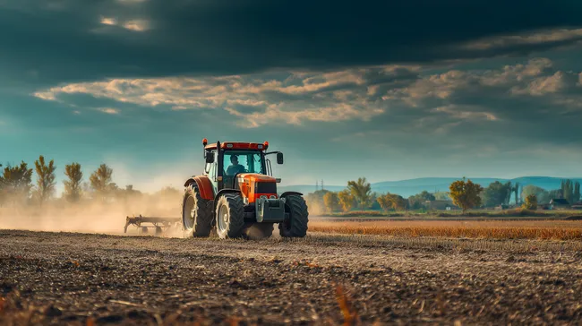 Landwirtschaftlicher Traktor auf felsigem Feld bei Sonnenuntergang