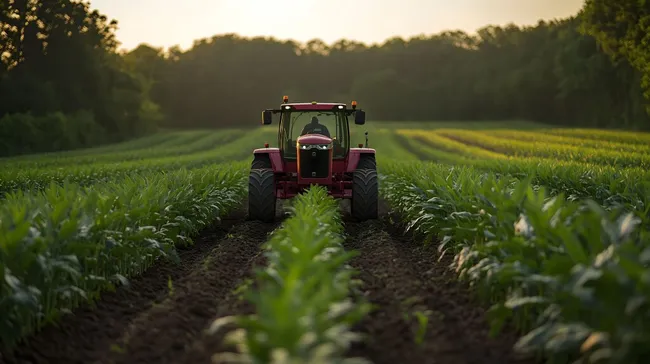 Landwirtschaftlicher Traktor bei Sonnenuntergang auf Maisfeld