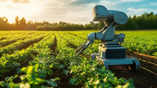 Landwirtschaftsroboter bei Sonnenuntergang auf Gemüsefeld