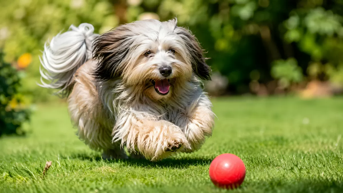 Langhaariger Hund jagt roten Ball auf grünem Rasen