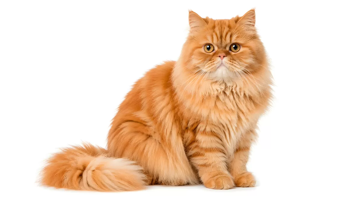 Langhaarkatze mit orangefarbenem Fell auf weißem Hintergrund