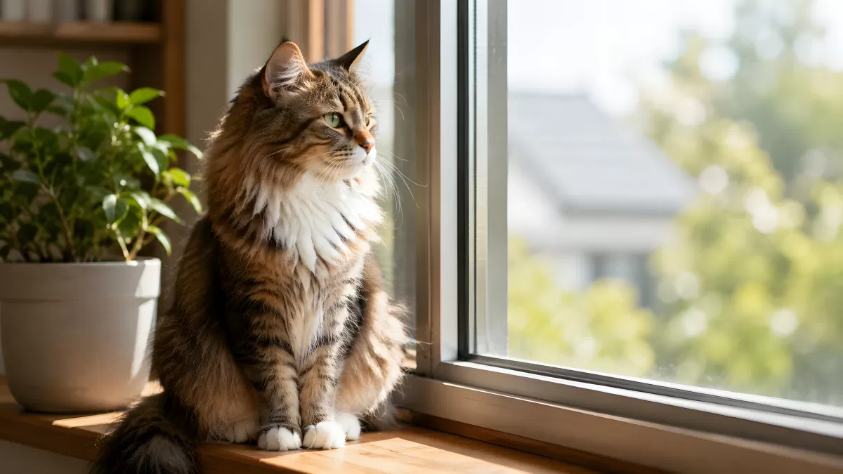 Langhaarkatze sitzt auf Fensterbrett und schaut hinaus