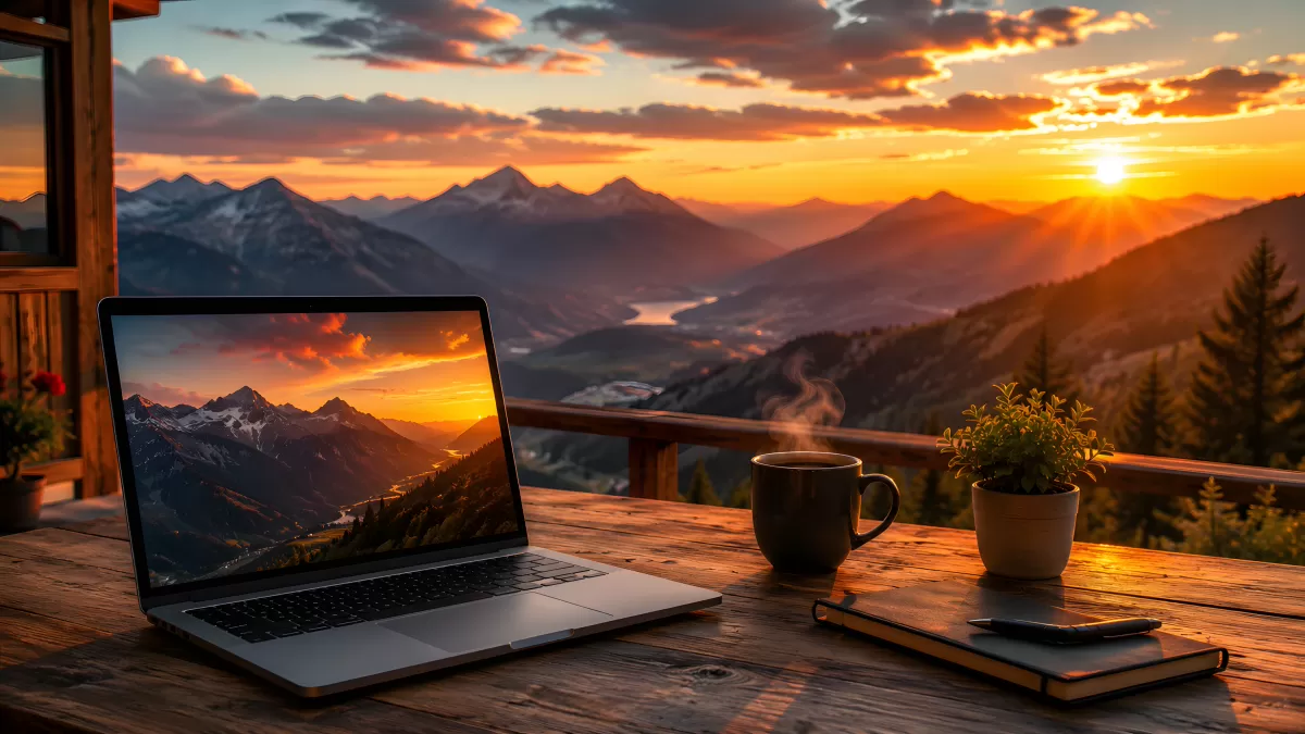 Laptop auf Holzterrasse mit Bergpanorama im Sonnenuntergang