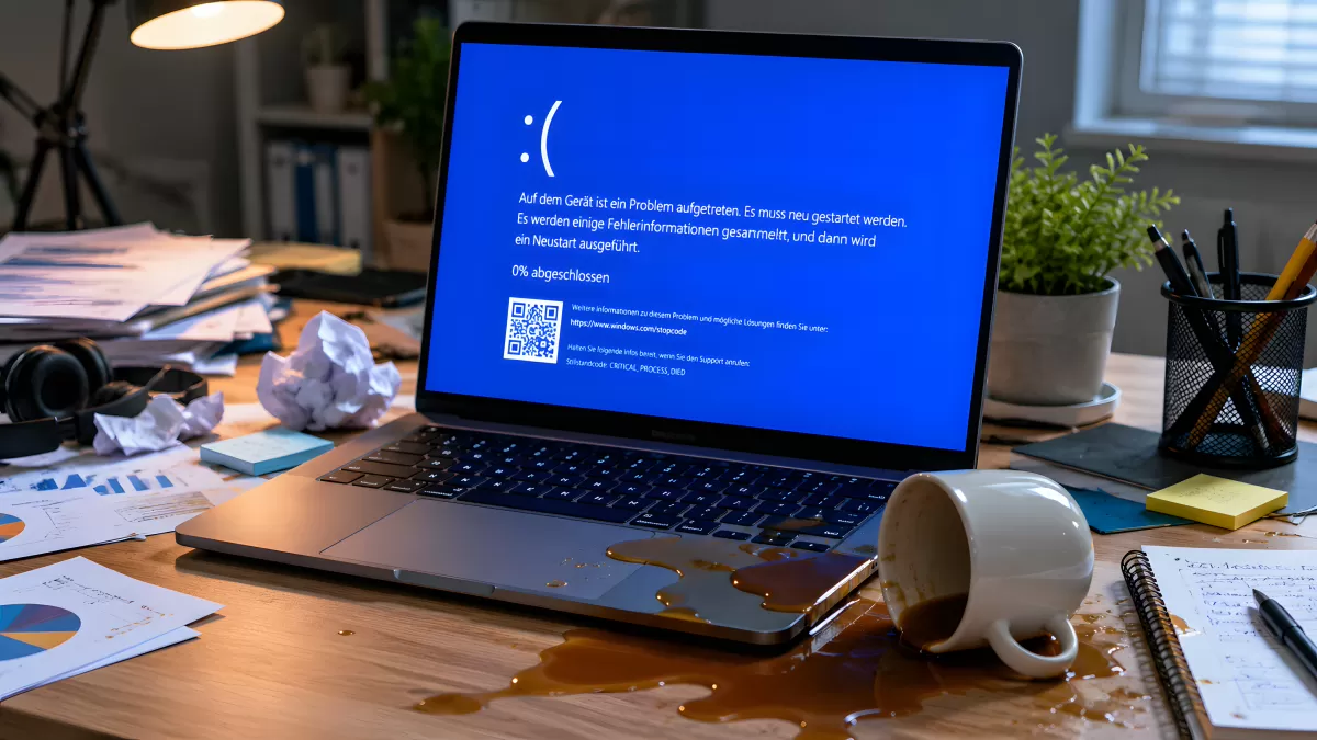 Laptop mit Bluescreen und umgekipptem Kaffeebecher