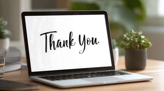 Laptop mit Danke-Nachricht auf Holztisch im Büro