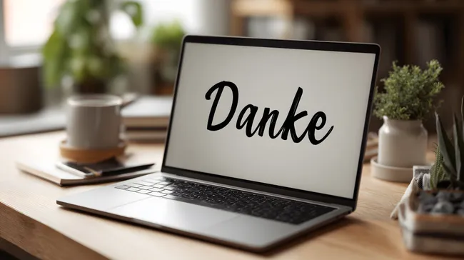 Laptop mit Dankeschön-Nachricht auf Holztisch