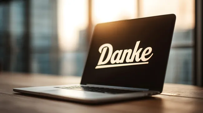 Laptop mit Dankeschön-Nachricht auf Schreibtisch im Büro