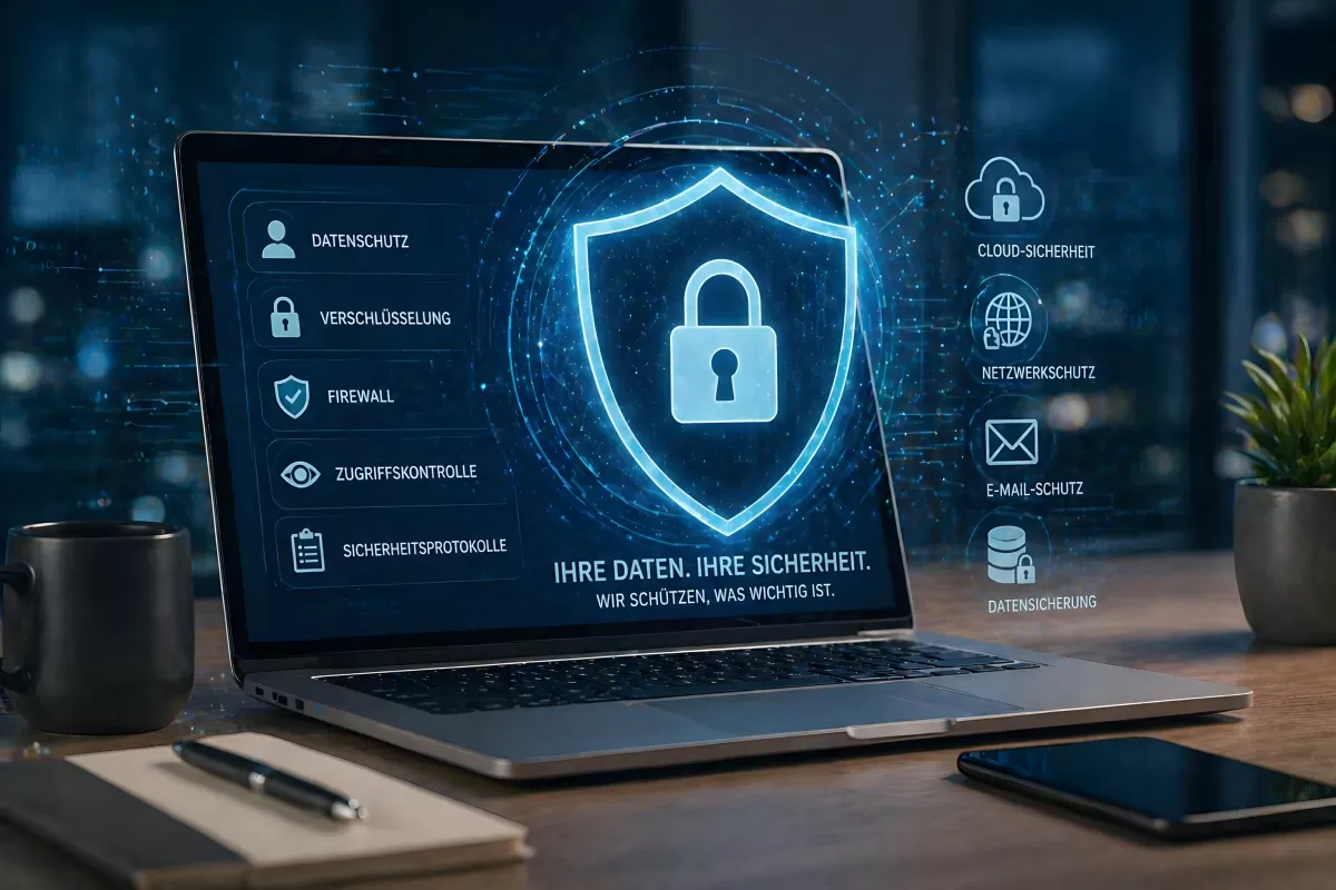Laptop mit Datenschutz-Dashboard und Sicherheitsschild