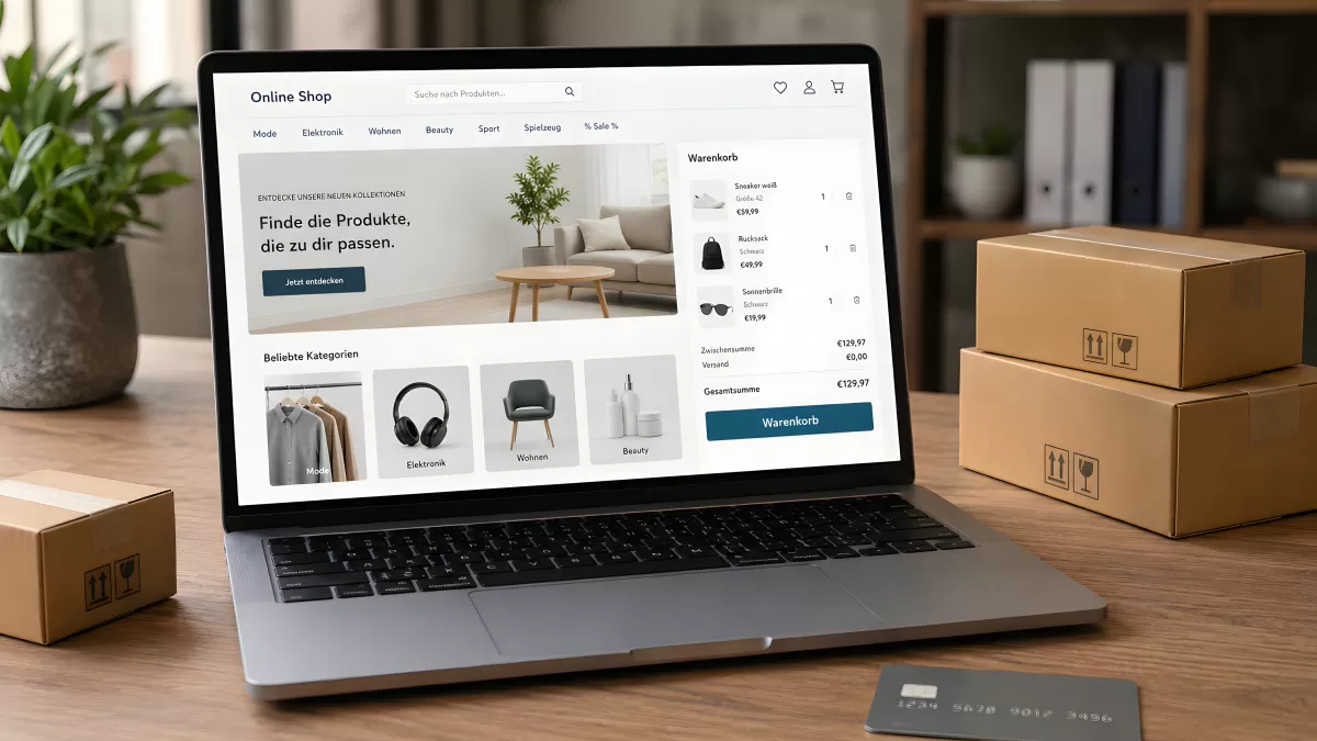 Laptop mit deutschem Online-Shop und Warenkorb auf Schreibtisch