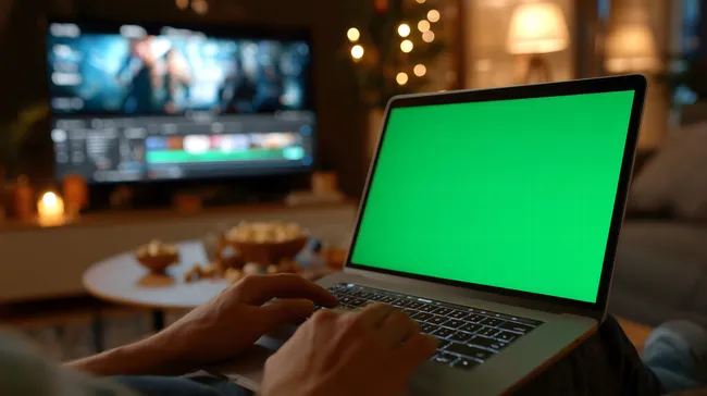 Laptop mit grünem Bildschirm im gemütlichen Wohnzimmer