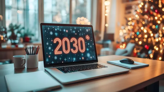 Laptop mit Jahresangabe 2030 und Weihnachtsbeleuchtung