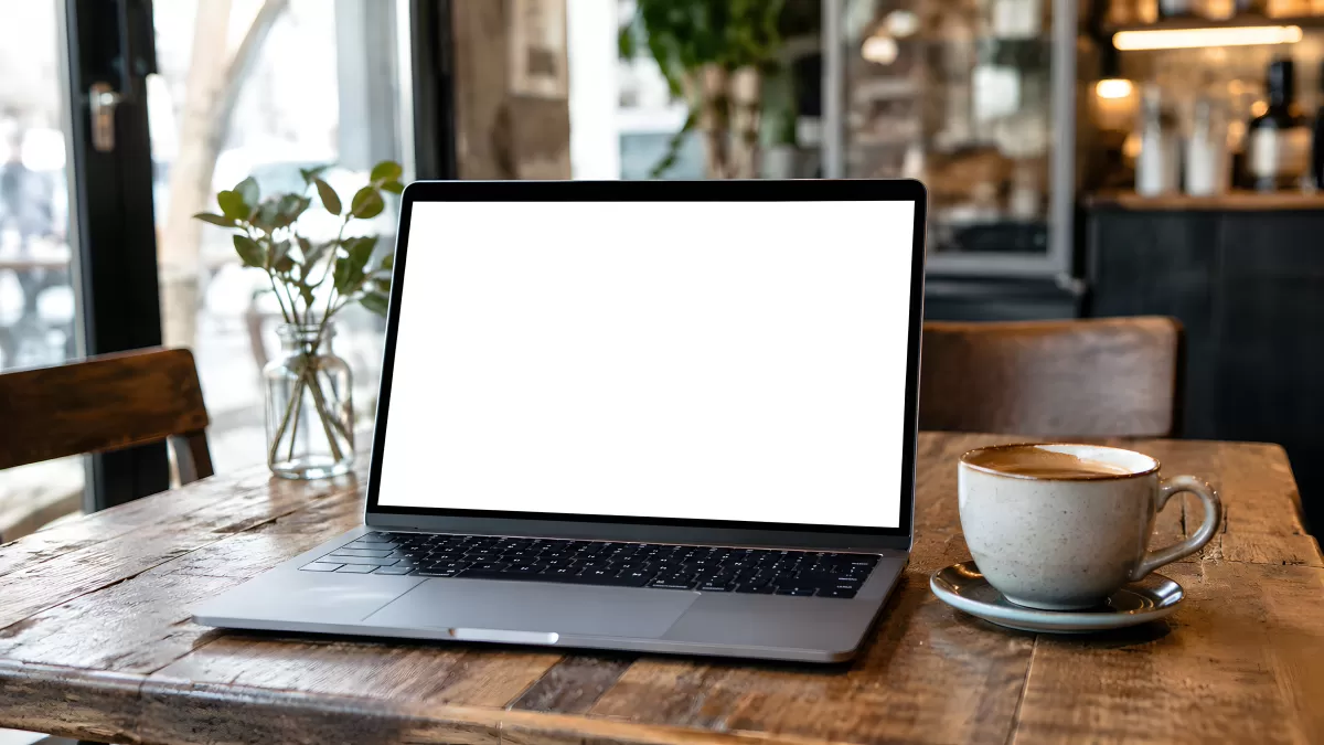 Laptop mit leerem Bildschirm im gemütlichen Café