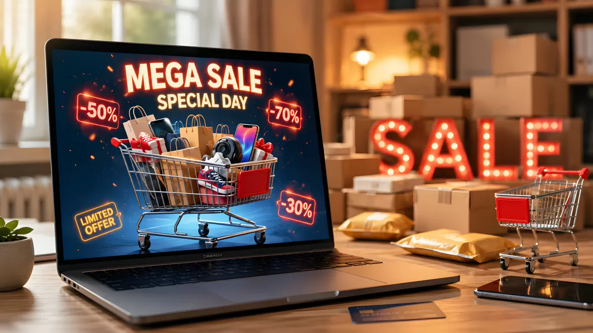 Laptop mit Mega Sale Angebot und Einkaufswagen
