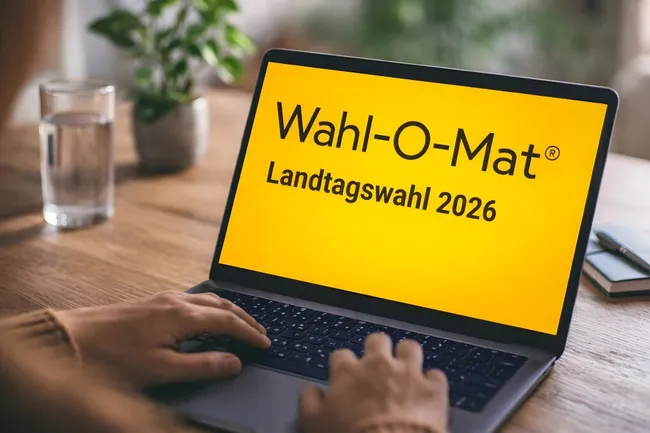 Laptop mit Online-Wahlhilfe zur Landtagswahl 2026