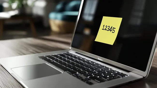 Laptop mit Passwort '12345' auf Haftnotiz