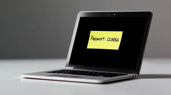 Laptop mit schwachem Passwort '123456' auf Post-it
