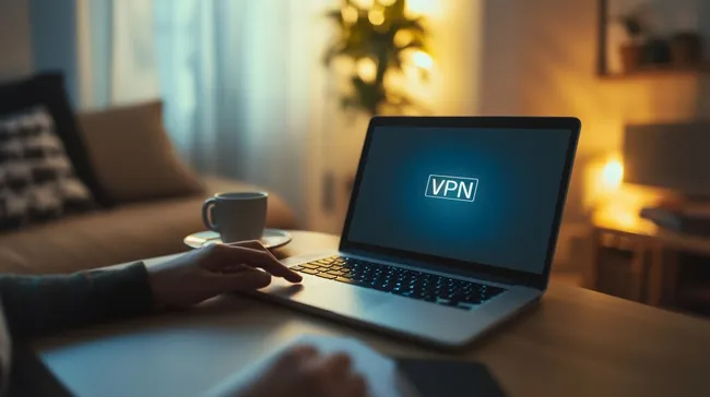 Laptop mit VPN-Verbindung in gemütlicher Weihnachtsatmosphäre
