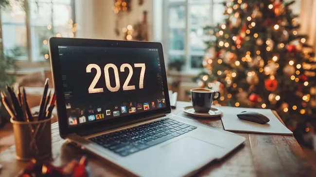 Laptop mit Weihnachtsdeko - Arbeitsplatz für das Jahr 2027