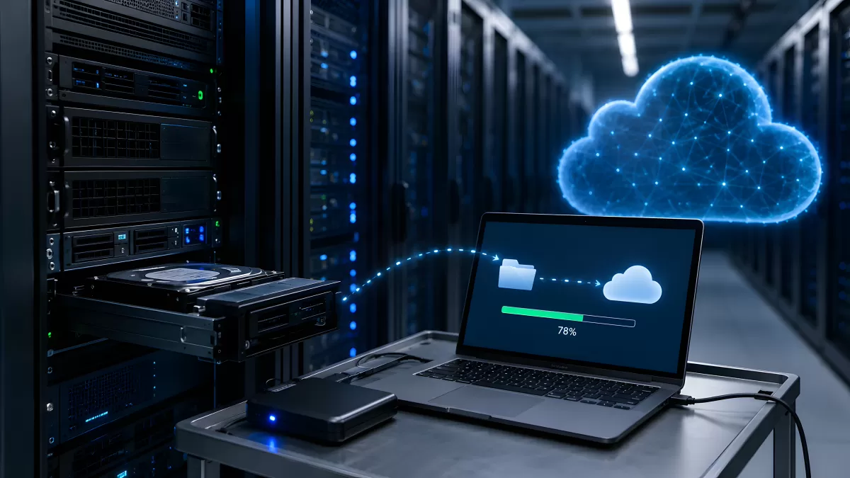 Laptop überträgt Daten ins Rechenzentrum per Cloud