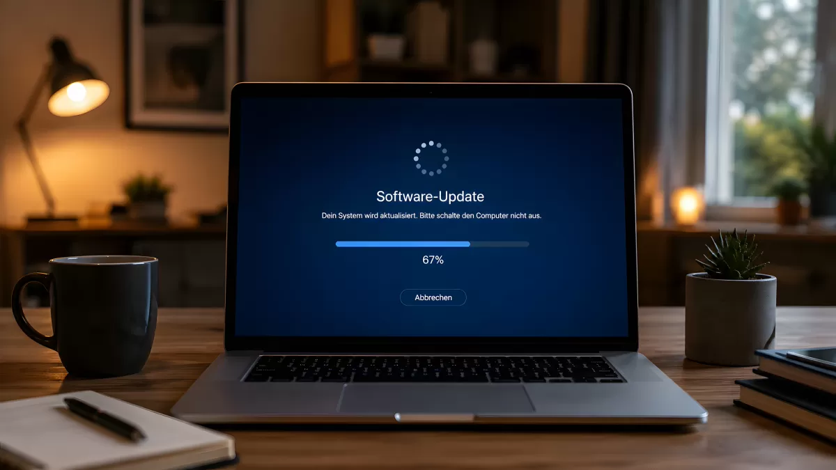 Laptop zeigt Software-Update bei 67 Prozent