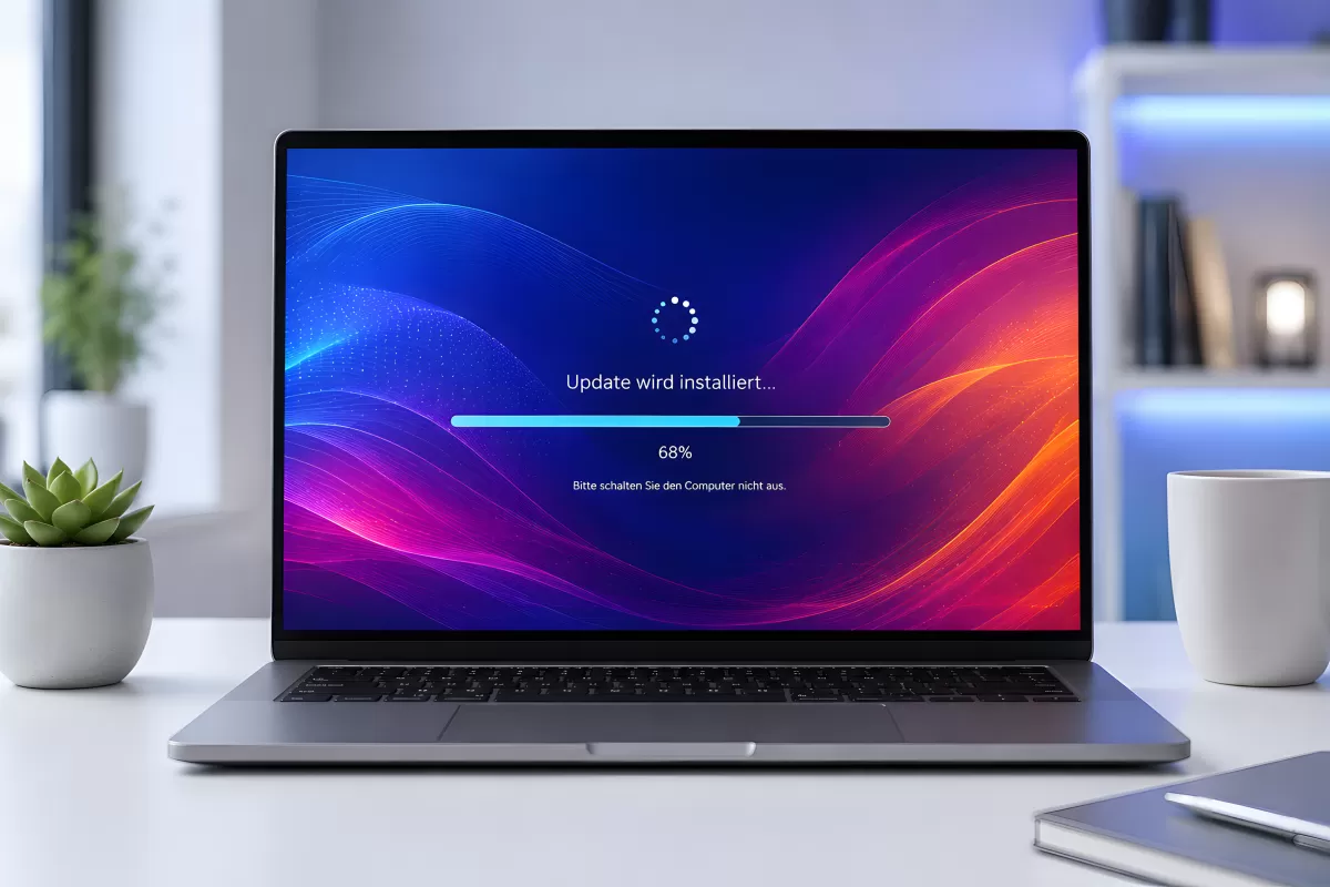 Laptop zeigt Update-Installation bei 68 Prozent