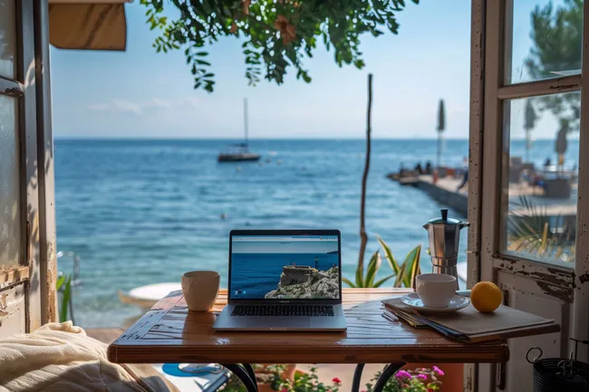 Laptoparbeitsplatz mit Meerblick