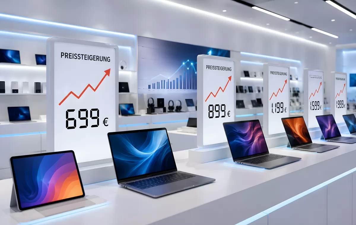 Laptops im Elektronikgeschäft mit Preissteigerung-Schildern