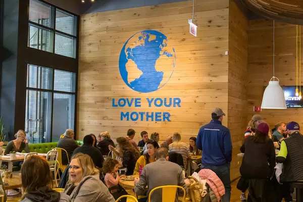 Large blue "Love your mother" and Planet Earth graphics on a wooden wall inside the True Food Kitchen restaurant specializing in healthy seasonal food in Chicago