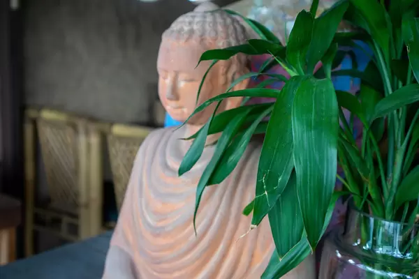 Large Sitting Buddha Statue behind Plants as Decoration in a Vietnamese Restaurant