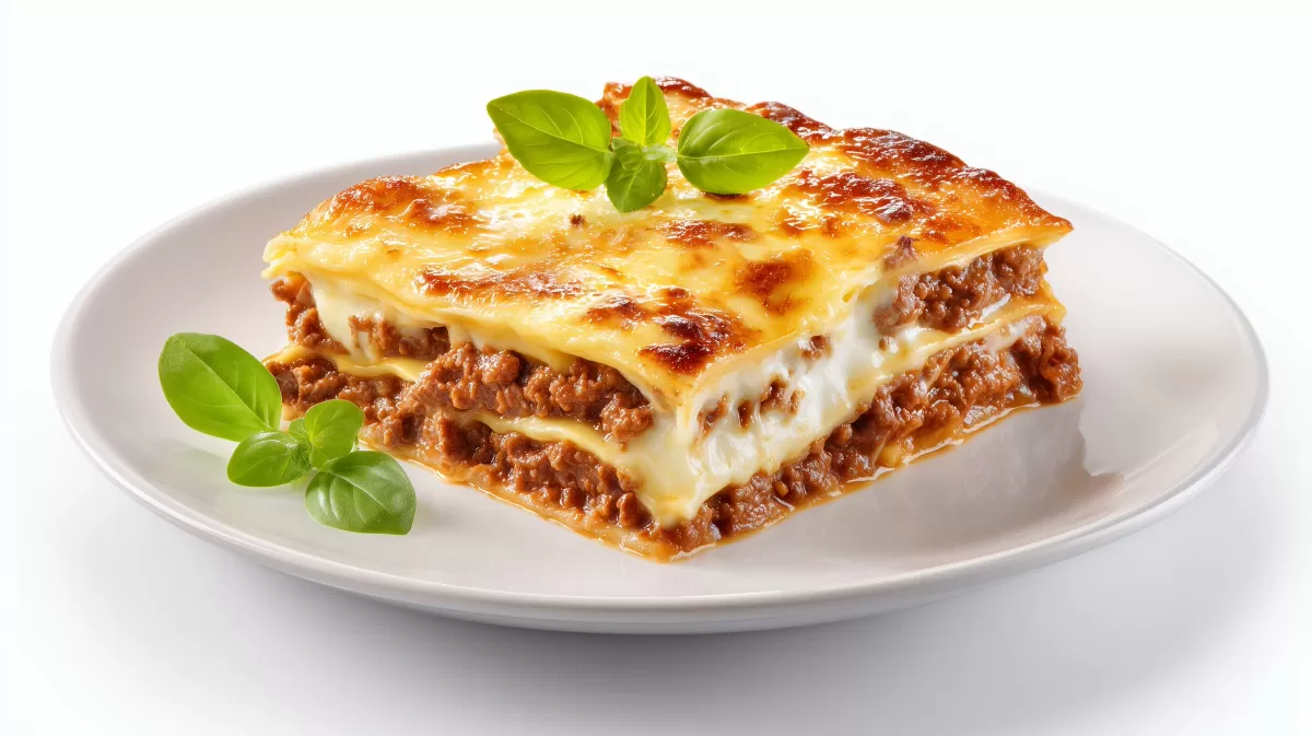 Lasagne Bolognese mit Béchamel auf weißem Teller